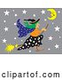 Vector Clip Art of Retro Wicked Witch Flying Through a Gray Starry Night on Her Broom Stick by Pauloribau