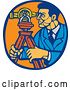 Vector Clip Art of Retro Woodcut Ale Surveyor Using a Theodolite Instrument in a Blue and Orange Oval by Patrimonio