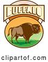 Vector Clip Art of Retro Woodcut American Bison in an Oval with Hills and Sun Rays Under Buffalo Text by Patrimonio