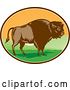 Vector Clip Art of Retro Woodcut American Buffalo Bison in an Oval with Hills and Sun Rays by Patrimonio