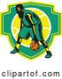 Vector Clip Art of Retro Woodcut Basketball Player Dribbling over a Green and Yellow Shield by Patrimonio