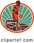 Vector Clip Art of Retro Woodcut Basketball Player Dribbling over a Sunny Circle by Patrimonio