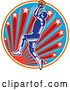 Vector Clip Art of Retro Woodcut Basketball Player Jumping over a Sun and Starburst Circle by Patrimonio