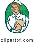 Vector Clip Art of Retro Woodcut Blond White Female Nurse Holding a Cliboard in a Green Oval by Patrimonio