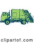 Vector Clip Art of Retro Woodcut Blue and Green Garbage Truck by Patrimonio