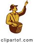 Vector Clip Art of Retro Woodcut Brown and Yellow Male Farm Fruit Picker Worker Pointing and Holding a Basket by Patrimonio
