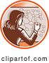 Vector Clip Art of Retro Woodcut Business Woman Drawing a Complex Diagram in an Orange Sunny Circle by Patrimonio