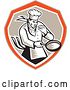 Vector Clip Art of Retro Woodcut Chef Holding a Frying Pan in a Tan and Orange Shield by Patrimonio