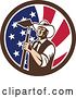 Vector Clip Art of Retro Woodcut Cowboy Farmer Holding a Hoe in an American Flag Circle by Patrimonio