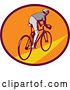Vector Clip Art of Retro Woodcut Cyclist Riding Away in a Purple Orange and Yellow Oval by Patrimonio