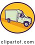 Vector Clip Art of Retro Woodcut Delivery Truck or Van in a Blue and Yellow Oval by Patrimonio