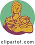 Vector Clip Art of Retro Woodcut Female Farmer Holding a Basket of Harvest Produce in a Green Purple and Yellow Circle by Patrimonio