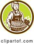 Vector Clip Art of Retro Woodcut Female Farmer Holding a Basket of Produce in a Circle by Patrimonio