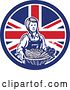 Vector Clip Art of Retro Woodcut Female Farmer Holding a Basket of Produce in a Union Jack Flag Circle by Patrimonio