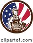 Vector Clip Art of Retro Woodcut Female Farmer Holding a Basket of Produce in an American Flag Circle by Patrimonio