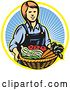 Vector Clip Art of Retro Woodcut Female Farmer with a Basket Full of Organic Produce over a Ray Circle by Patrimonio