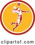 Vector Clip Art of Retro Woodcut Female Volleyball Player Spiking in a Red White and Yellow Circle by Patrimonio