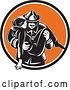 Vector Clip Art of Retro Woodcut Firefighter Carrying a Lady in a Black White and Orange Circle by Patrimonio