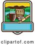 Vector Clip Art of Retro Woodcut Fly Box, Coffee Mug and Fishing Rod in a Sunrise Square with Text Space by Patrimonio