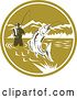 Vector Clip Art of Retro Woodcut Fly Fisher Man Reeling in a Trout Fish and Wading in a Lake Inside a Green and White Circle by Patrimonio