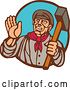 Vector Clip Art of Retro Woodcut Friendly Male Union Worker Waving and Holding a Sledgehammer in a Brown and Blue Oval by Patrimonio