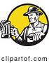 Vector Clip Art of Retro Woodcut German Guy Wearing Lederhosen and Raising a Beer Mug for a Toast, Emerging from a Black and Yellow Circle by Patrimonio