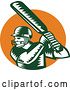 Vector Clip Art of Retro Woodcut Green and White Cricket Batsman over an Orange Circle by Patrimonio