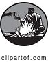 Vector Clip Art of Retro Woodcut Guy Accepting a Cup of Coffee by a Campfire by Patrimonio