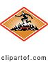 Vector Clip Art of Retro Woodcut Guy Jumping over a Fire in an Obstacle Course Inside a Red White and Orange Ray Diamond by Patrimonio
