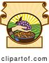 Vector Clip Art of Retro Woodcut Hand Holding a Bunch of Purple Grapes over a Bowl of Raisins in a Scroll Crest with a Sunrise or Sunset by Patrimonio