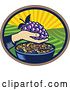Vector Clip Art of Retro Woodcut Hand Holding a Bunch of Purple Grapes over a Bowl of Raisins in an Oval with a Sunrise or Sunset by Patrimonio