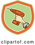 Vector Clip Art of Retro Woodcut Hand Holding a Cordless Drill in a Green Orange and White Shield by Patrimonio