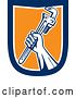 Vector Clip Art of Retro Woodcut Hand Holding up a Spanner Wrench in a Blue White and Orange Shield by Patrimonio