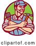 Vector Clip Art of Retro Woodcut Handy Guy Holding a Paintbrush and Hammer in a Marroon and Green Oval by Patrimonio