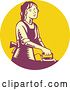 Vector Clip Art of Retro Woodcut House Wife or Maid Ironing Laundry in a Yellow and Purple Circle by Patrimonio