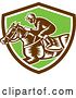 Vector Clip Art of Retro Woodcut Jockey Racing a Horse in a Brown White and Green Shield by Patrimonio