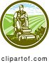 Vector Clip Art of Retro Woodcut Landscaper Mowing a Lawn with Farmland in a Green and White Circle by Patrimonio