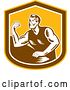 Vector Clip Art of Retro Woodcut Male Arm Wrestling Champion in a Yellow Brown and White Shield by Patrimonio