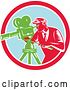 Vector Clip Art of Retro Woodcut Male Cameraman Working in a Red White and Pastel Blue Circle by Patrimonio