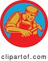 Vector Clip Art of Retro Woodcut Male Carpenter Worker Using a Hammer in a Red and Blue Circle by Patrimonio