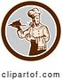 Vector Clip Art of Retro Woodcut Male Chef Serving a Roasted Chicken in a Gray and Brown Circle by Patrimonio