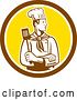 Vector Clip Art of Retro Woodcut Male Chef with a Spatula in a Brown and Yellow Circle by Patrimonio