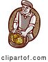 Vector Clip Art of Retro Woodcut Male Farmer Carring a Basket of Harvest Vegetables by Patrimonio
