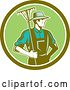 Vector Clip Art of Retro Woodcut Male Gardener or Farmer Holding a Rake in a Green and White Circle by Patrimonio