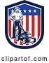 Vector Clip Art of Retro Woodcut Male Gardener with a Mower in an American Shield by Patrimonio