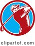 Vector Clip Art of Retro Woodcut Male Golfer Swinging in a Red White and Blue Circle by Patrimonio