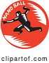 Vector Clip Art of Retro Woodcut Male Handball Player in Action, with Text in a Red Circle by Patrimonio
