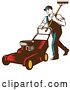 Vector Clip Art of Retro Woodcut Male Landscaper Carrying a Rake and Pushing a Lawn Mower by Patrimonio