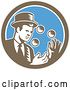 Vector Clip Art of Retro Woodcut Male Magician Juggling in a Brown White and Blue Circle by Patrimonio