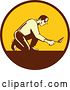 Vector Clip Art of Retro Woodcut Male Mason Worker Kneeling and Using a Trowel in a Brown and Yellow Circle by Patrimonio